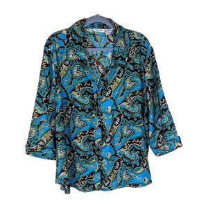 Selene Sport Blouse Women’s 2X Paisley Button Front Top Blue Teal Boho Print...